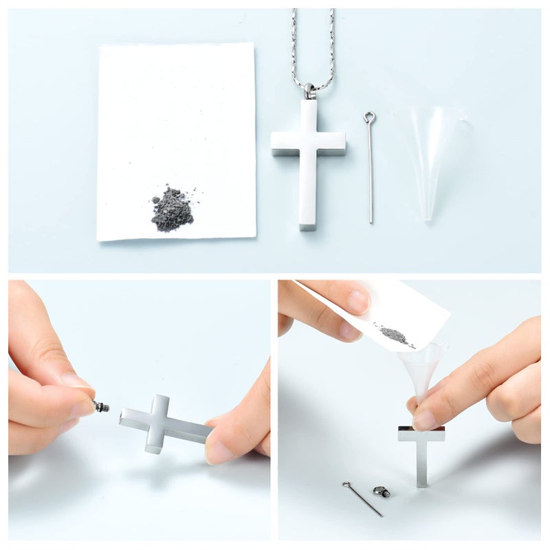 Imrsanl Crystal Cross Necklace for Ashes - Stainless Steel Keepsake Cremation Jewelry - Religious Cross Memorial Urn Necklace for Pet Human Ashes Pendant (Silver-1) - Image 4
